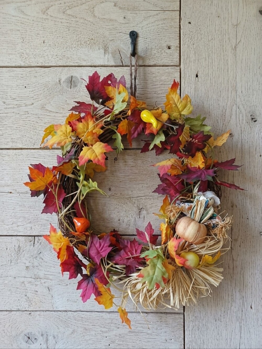 Autumn Harvest Maple Leaf & Pumpkin Wreath - Fall Home Holiday Decor/ Halloween